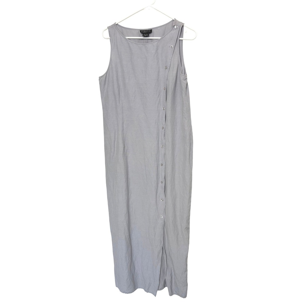 90s Finity Silk Linen Tank maxi Dress Size 12 Gray button breathable timeless
